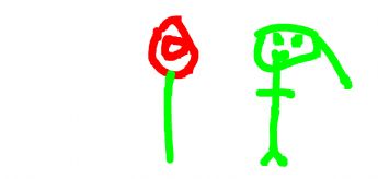 En lille grøn mand og en rød blomst 