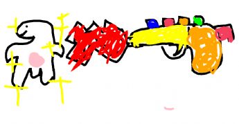 The launcher is firing red flames at the little monster 