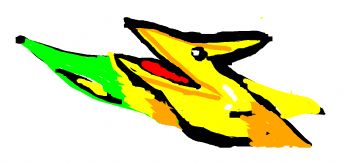 A colorful monster opens its mouth as if flying through the air 