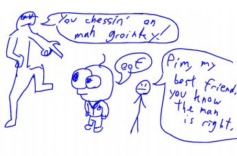 Three characters utter strange and funny sentences in their conversation 