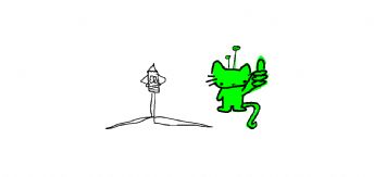 A little green alien cat is happily giving a thumbs-up to a rocket 