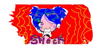 A blue-haired character is surrounded by red electricity and looks very surprised 
