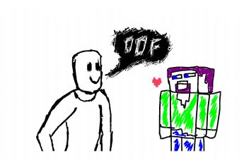 A simple line drawing of a character says *OOF* to a pixelated character 