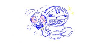 Two round-faced characters use exaggerated expressions to show surprise and happiness 