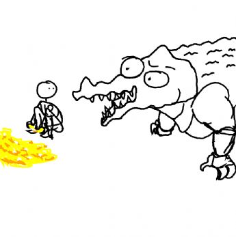 A tiny person sits next to a gold coin, facing a menacing crocodile 