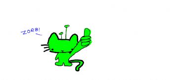 A green alien cat is giving a thumbs-up 