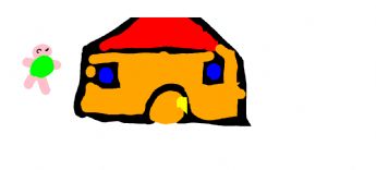 A little child is standing next to a big house with a red roof and orange walls 
