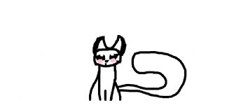 A sitting kitten with pink cheeks, big ears, and a curved tail 
