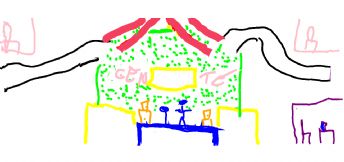 A stage show with a stage, audience, and props 