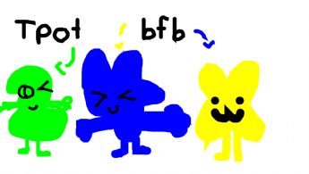 Three different colored characters—green, blue, and yellow—are standing together 