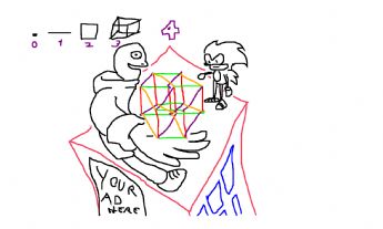 A cartoon character and a Sonic-like creature are observing a colorful cube on a rooftop 