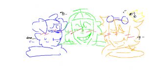 The three characters, each a different color, displayed amusing expressions 
