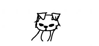 Ein gezeichneter Hund oder eine Katze im Cartoon-Stil, dargestellt mit schwarzen Linien. 