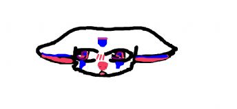 An animal head with big eyes and colorful markings 