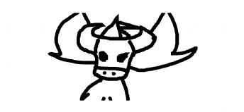 A cartoon cow with big horns 