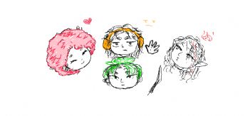 Four adorable little character avatars with different hair colors, expressions, and decorative symbols 