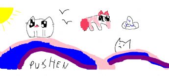 Three kittens are playing together on a colorful arched bridge and in the sky 