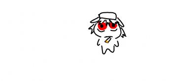 A little monster with big red eyes and a white hat 