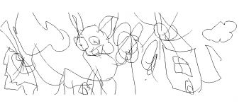 An animal with long ears, a house, and clouds 