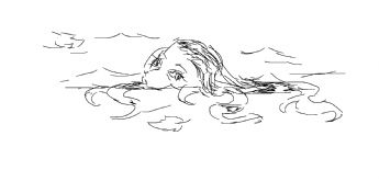 A person is floating quietly in the water, with only their eyes visible and their hair blending into the surface. 
