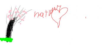 Next to a tree with pink flowers are a red heart and English words. 