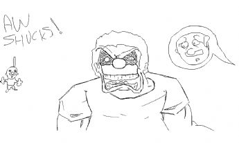 A strongman and two small characters with exaggerated expressions. 