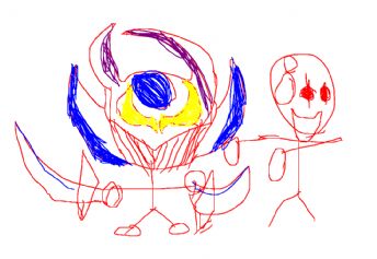 A warrior in colorful armor and a smiling stick figure 
