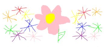En stor, blomstrende lyserød blomst og mange farverige små stjerneformede blomster. 
