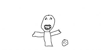 A tiny person with a wide-open mouth and a small cookie 