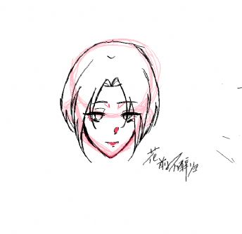 Potret wanita ala anime yang digariskan dalam warna hitam dan merah jambu. 