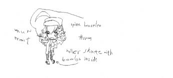 A little girl wearing a long hat and roller skates 