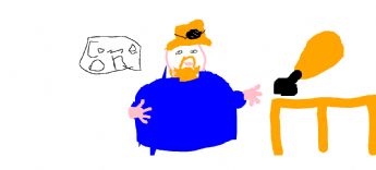 A man wearing an orange hat is standing next to a table. 