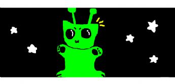 Un extraterrestre verde se yergue en el cielo estrellado con las manos extendidas 