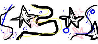 A dynamic musical score of a starry sky, outlined with bold black lines and colorful embellishments. 
