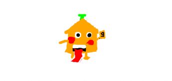 A cute orange house character with a long tongue sticking out and a little green sprout on its head 