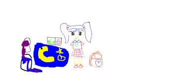 A little girl in a school uniform stands next to a backpack and a star and moon pattern 