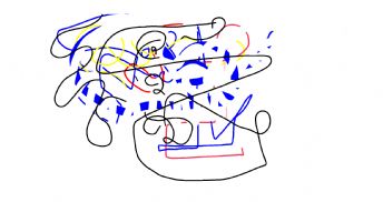 An abstract painting composed of black curves, colored lines, and blue fragments 