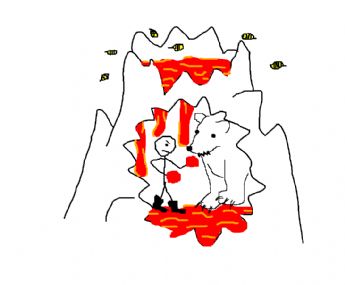 A boxer and a polar bear are dueling in a lava-filled volcanic cave 