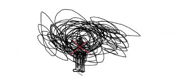 A tiny figure surrounded by layers of lines 