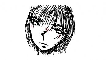 A portrait of a short-haired person with big eyes and a quiet expression 