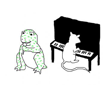 A frog is singing, and a mouse is playing the piano 