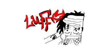 The anime character Luffy has his head wrapped in bandages and a scarf in his mouth 