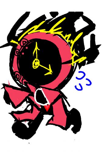 A tiny man with a clock face is running 