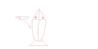 A small knife is pointing at a little fish that looks like a rocket 