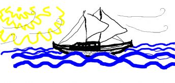 A small boat sails happily on the sea under the sunlight 