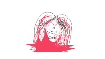 A little girl with long pink hair and a lively expression 