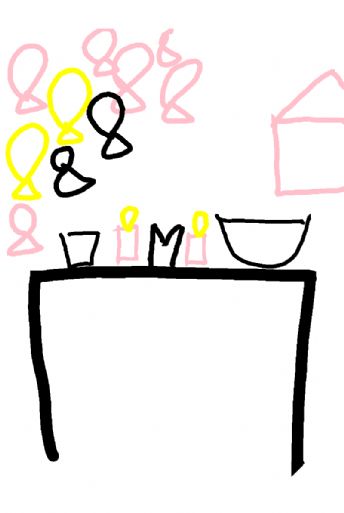 A party table laden with items, above which float many pretty, colorful balloons 