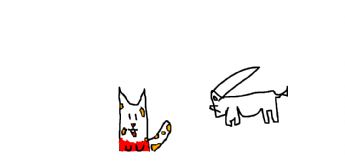 A little kitten and a little monster with a huge horn 