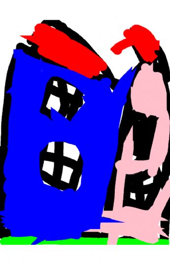 Et lille blåt hus og en lyserød person 
