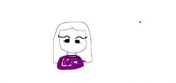 A long-haired girl is looking at a purple object 